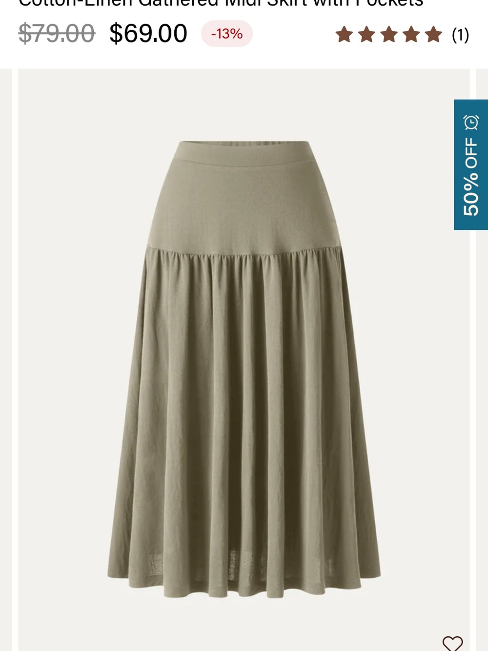 Cotton-Linen Gathered Midi Skirt in Olive